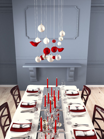 Beautifully set table for Christmas Eve in a modern interieur. 3d renderingの写真素材
