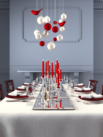 Beautifully set table for Christmas Eve in a modern interieur. 3d renderingの写真素材