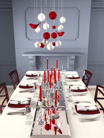 Beautifully set table for Christmas Eve in a modern interieur. 3d renderingの写真素材
