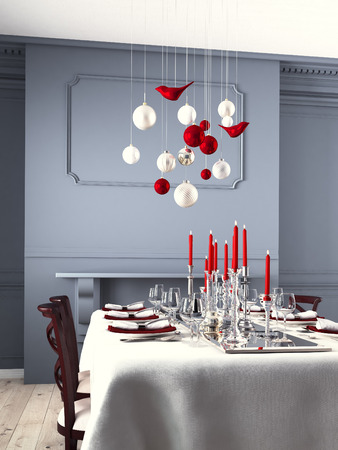Beautifully set table for Christmas Eve in a modern interieur. 3d renderingの写真素材