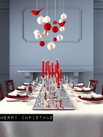 Beautifully set table for Christmas Eve in a modern interieur. 3d renderingの写真素材