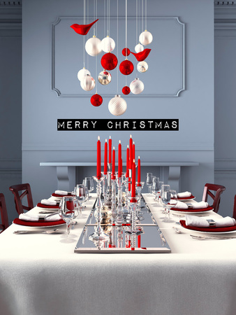 Beautifully set table for Christmas Eve in a modern interieur. 3d renderingの写真素材