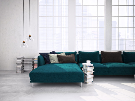 Modern living room with huge windows, modern sofa. 3d renderingの写真素材
