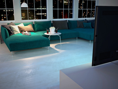 living room by night, movie evening with popcorn and soda, horror or romantic. 3d renderingの写真素材
