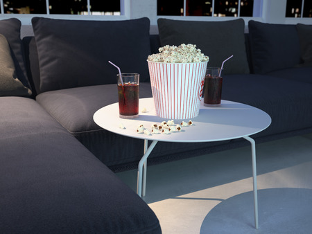 living room by night, movie evening with popcorn and soda, horror or romantic. 3d renderingの写真素材