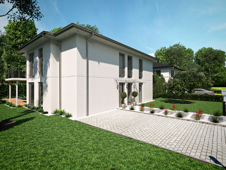 beautiful modern house with a garden. 3d renderingの写真素材