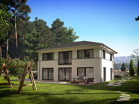 modern townhouse with a lot of green. 3d renderingの写真素材