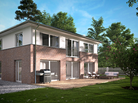 modern townhouse with a lot of green. 3d renderingの写真素材