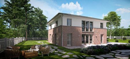 modern townhouse with a lot of green. 3d renderingの写真素材