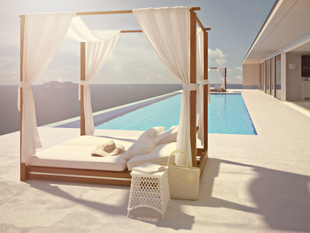 A luxury swimming pool in santorini. 3d renderingの写真素材