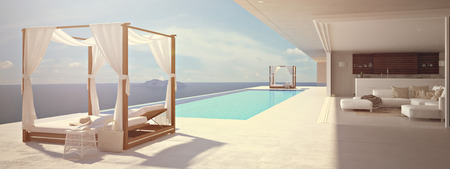 A luxury swimming pool in santorini. 3d renderingの写真素材