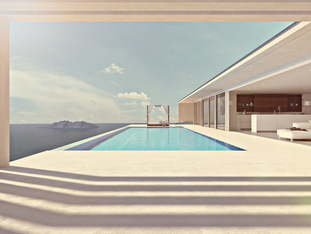 luxury swimming pool in summer. 3d renderingの写真素材