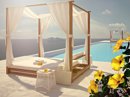 luxury swimming pool in summer. 3d renderingの写真素材