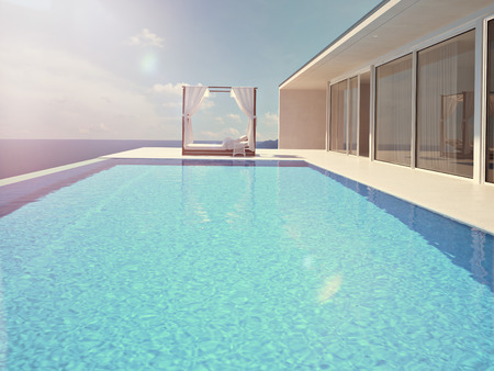luxury swimming pool in summer. 3d renderingの写真素材