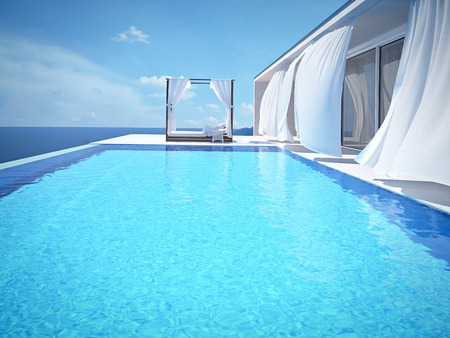 luxury swimming pool in summer. 3d renderingの写真素材