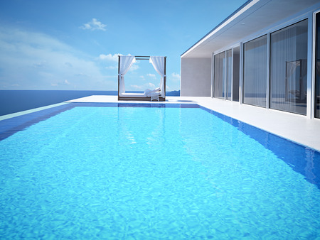 luxury swimming pool in summer. 3d renderingの写真素材