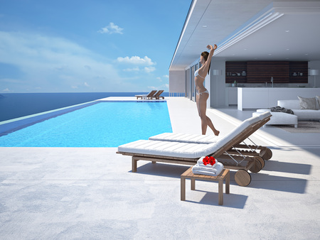 Young woman enjoying the sun at the endless pool. 3d renderingの写真素材