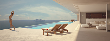 Young woman enjoying the sun at the endless pool. color edit.3d renderingの写真素材