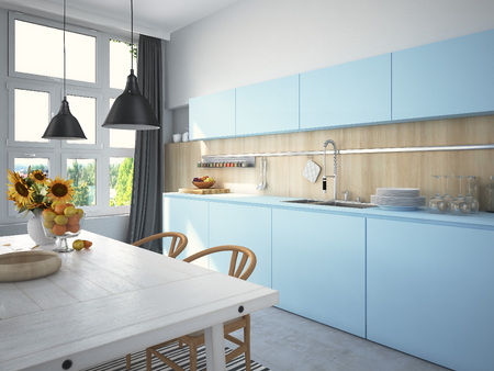 Kitchen and living room of loft apartmentの写真素材