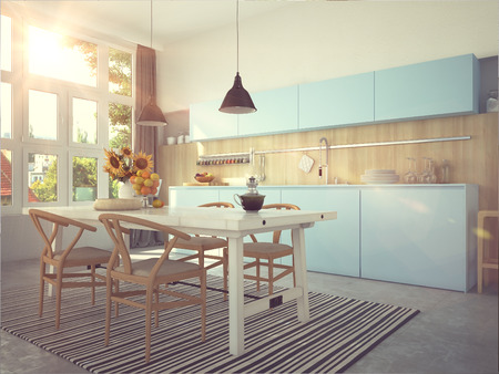 Kitchen and living room of loft apartmentの写真素材