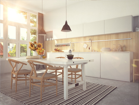 Kitchen and living room of loft apartmentの写真素材