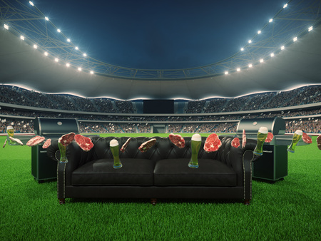 stadium with a sofa in the middle and flying steaks. 3d renderingの写真素材