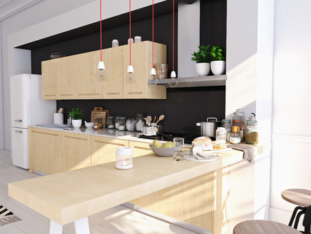 3D rendering of modern kitchen in a loft.の写真素材