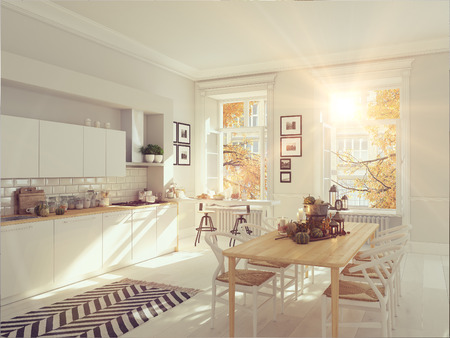 cozy nordic kitchen in an apartment. thanksgiving and fall concept. 3D renderingの写真素材