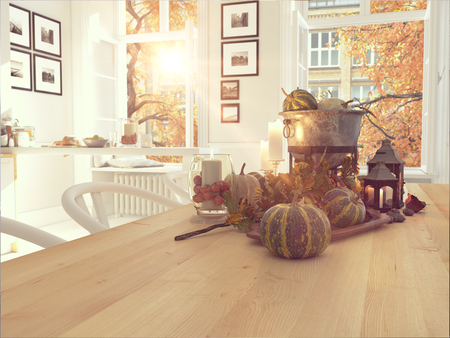 cozy nordic kitchen in an apartment. thanksgiving and fall concept. 3D renderingの写真素材