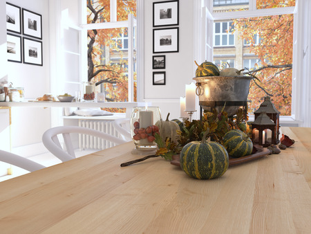 cozy nordic kitchen in an apartment. thanksgiving and fall concept. 3D renderingの写真素材