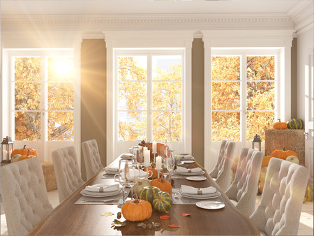 cozy nordic kitchen in an apartment. thanksgiving and fall concept. 3D renderingの写真素材