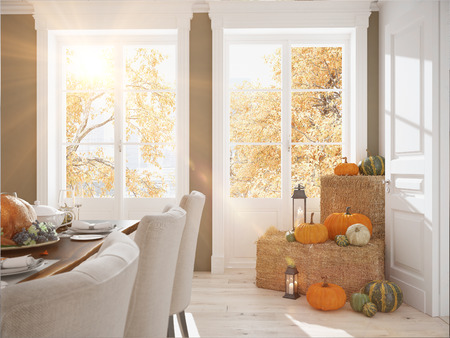 cozy nordic kitchen in an apartment. thanksgiving and fall concept. 3D renderingの写真素材