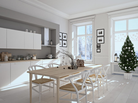 3d rendering. nordic kitchen with christmas decoration.の写真素材