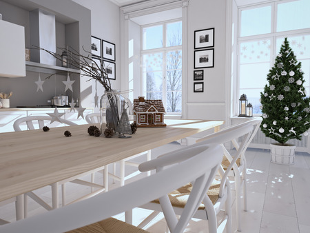 3d rendering. nordic kitchen with christmas decoration.の写真素材