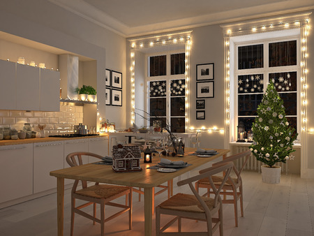 3d rendering. nordic kitchen with christmas decoration.の写真素材