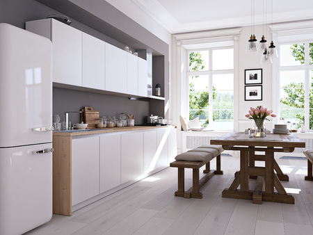 modern nordic kitchen in loft apartment. 3D renderingの写真素材