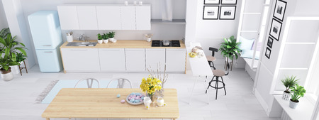 Top view modern nordic kitchen in loft apartment. 3D renderingの写真素材