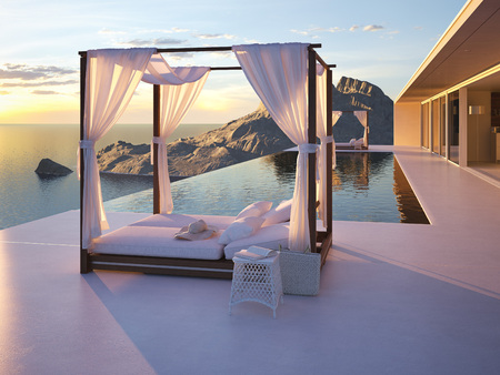 3d rendering. beautiful sunset at the infinity pool with a nice view.の写真素材