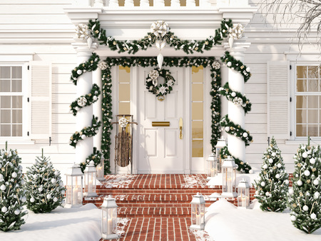 christmas decorated porch with little trees and lanterns. 3d renderingの写真素材