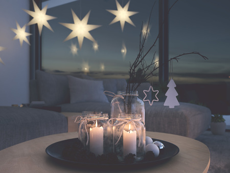 3d rendering. home with christmastree in modern apartment. 2. advent.の写真素材