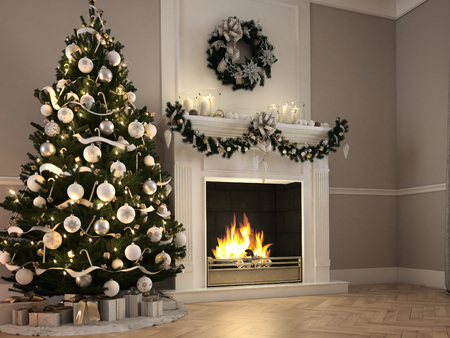 3d rendering. christmas scene with decorated tree and fireplace.の写真素材