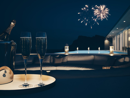 3d rendering of pool villa with fireworks and champagne. new years eveの写真素材