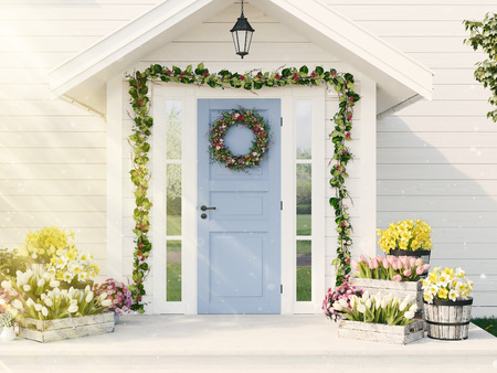 spring decorated porch with a lot of flowers. 3d renderingの写真素材