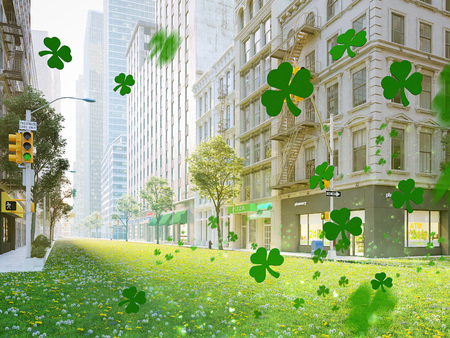 st. patricks day city with flying shamrocks. 3d renderingの写真素材