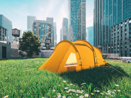 wanderlust in a big city. camping concept. 3d renderingの写真素材