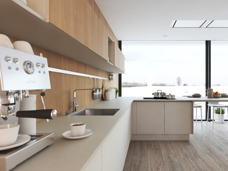 modern nordic kitchen in loft apartment. 3D rendering