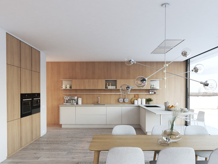 modern nordic kitchen in loft apartment. 3D renderingの写真素材