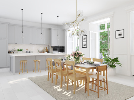 modern nordic kitchen in loft apartment. 3D renderingの写真素材