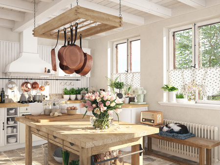 retro kitchen in a cottage with sleeping cat. 3D RENDERINGの写真素材