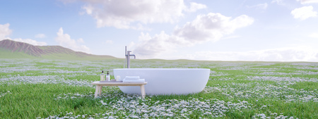 bathtube standing on beautiful meadow. 3d renderingの写真素材